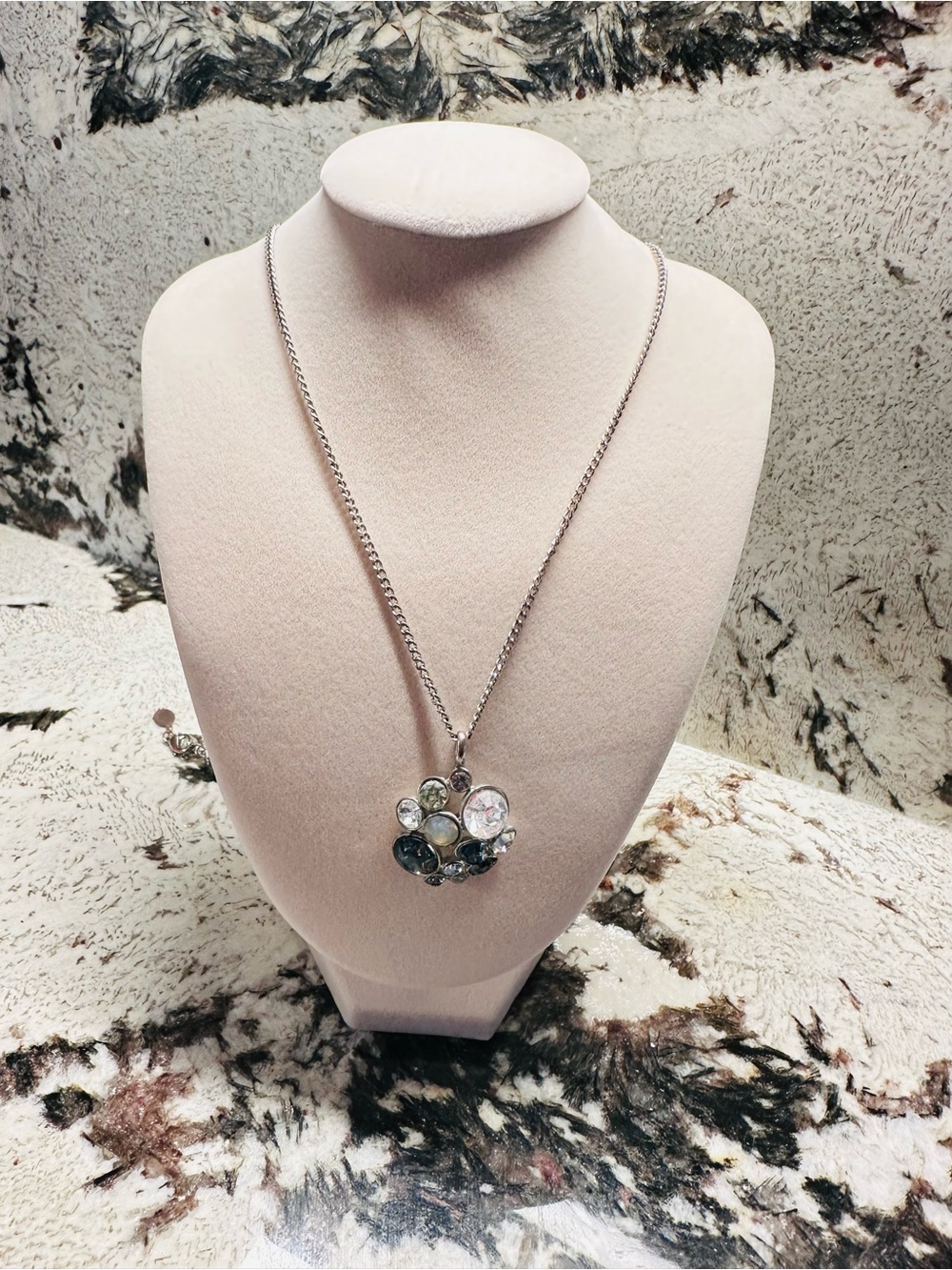 Long Silver Multistone Cluster Pendant Necklace - Women Jewelry